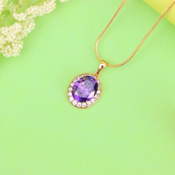 "Oval Purple Pendant with White Crystal Halo in Rose Gold Setting, XPPT1622 - Picture 3 of 12